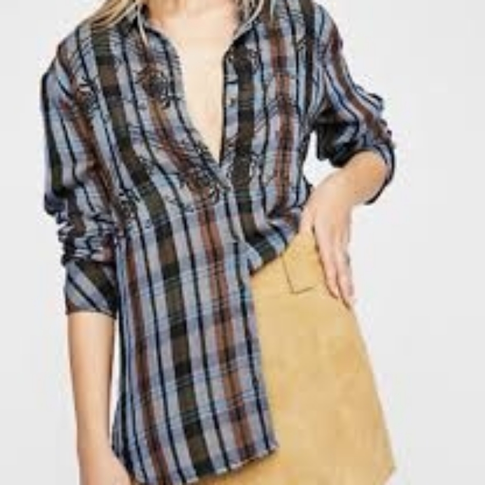 Free People Blue Magical Plaid button Embroider Western Boho Medium 100% cotton